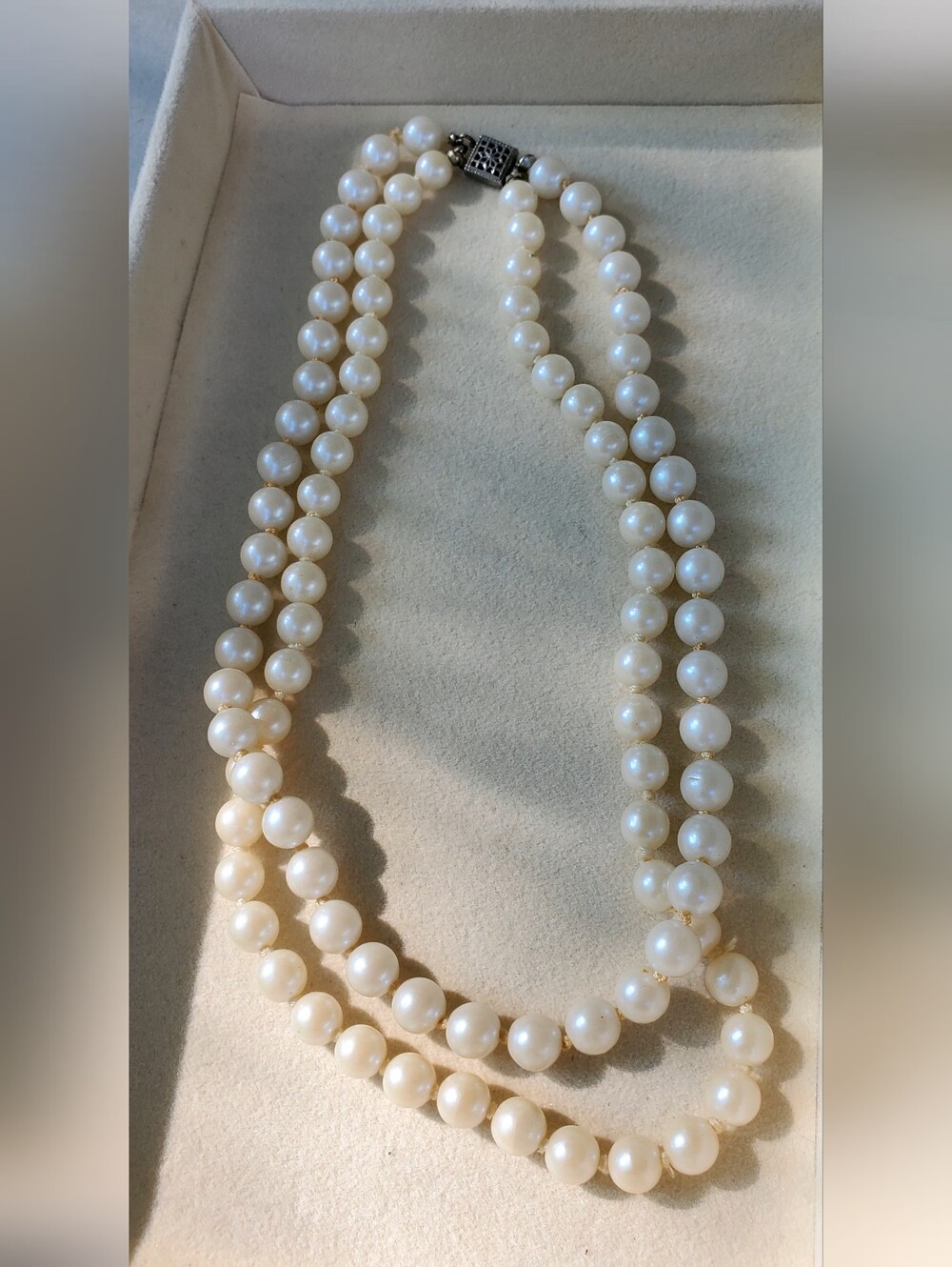Vintage Double Strand Faux Pearl Necklace with Sterling Silver Clasp - Picture 2 of 6